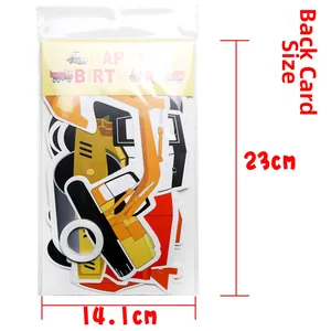 Detailed view of construction vehicle birthday banner in packaging with card size dimensions