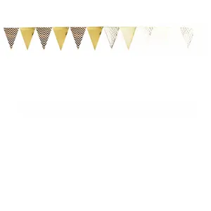 Detail of gold foil and black chevron patterns on decorative party bunting flags