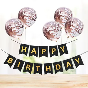 Detail view of black Happy Birthday banner with golden foil and rose gold sequin balloons