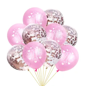 Ballons rose 1er anniversaire avec confettis or rose pour décoration de fête