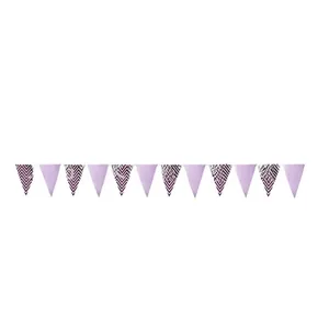 Detail view of purple striped and solid pennant banners for party birthday decoration