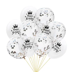 Happy Birthday transparent balloons with silver confetti and crown graphics for party decor
