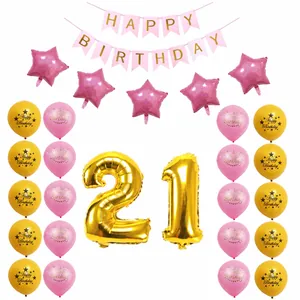 Pink and gold 21st birthday decoration set with banner, star and number balloons