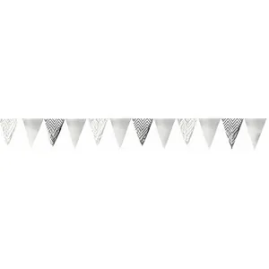 Detail of silver metallic and striped triangular bunting flags for party decorations