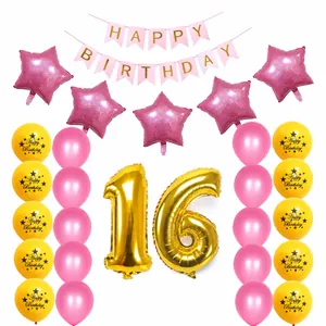 Pink and gold 16th birthday party decoration set with balloons and happy birthday banner
