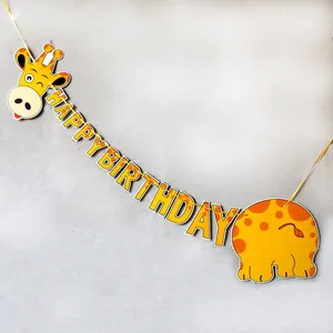 Bannière Joyeux Anniversaire Animaux Dessin Animé Vache Girafe Cochon Guirlande Papier Pour Décoration Fête Bébé