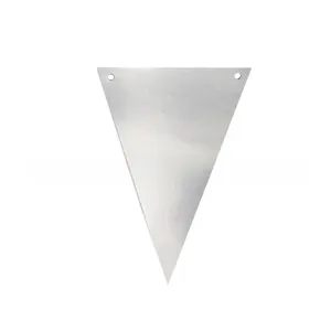 Close-up of a silver triangular party pennant flag with metallic foil finish and hanging holes