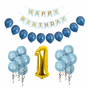 Blue 1st birthday party kit with Happy Birthday banner and blue number 1 foil balloon