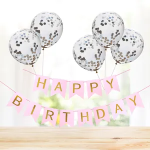Pink Happy Birthday banner and gold confetti balloons for festive party decoration