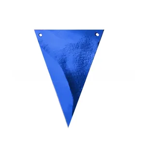Blue triangular pennant banner with shiny texture and hanging holes for party decor