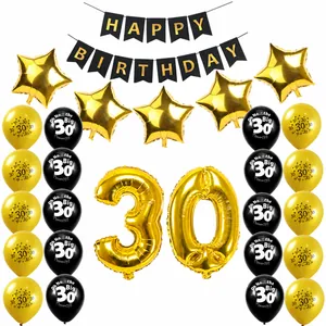 Black and gold 30th birthday decoration set with balloons and Happy Birthday banner