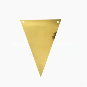 Detail of a metallic gold triangular bunting flag with pre-punched holes for hanging