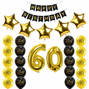 Detailed set of black and gold 60th birthday party balloons and happy birthday banner
