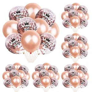 Roségoldenes Geburtstagsballon-Set mit Kronen-Motiv und glitzernden Konfetti-Ballons