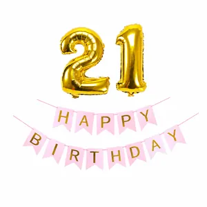 Pink Happy Birthday banner with gold letters and numeric 21 foil balloons set