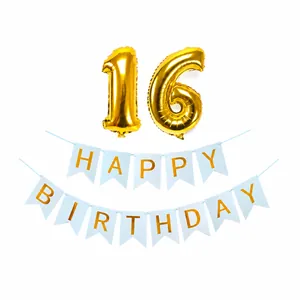 Blue Happy Birthday banner and golden number 16 foil balloons for birthday decorations