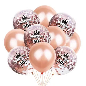Roségoldenes 50. Geburtstag Luftballon-Set mit Konfetti und Kronen Happy Birthday Motiv