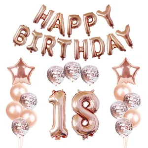 Dettaglio set palloncini 18 compleanno oro rosa con lettere Happy Birthday e forme a stella