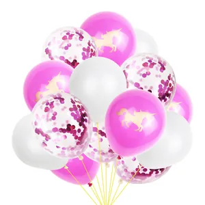 Detail of rose gold confetti balloons and unicorn printed latex balloons for party decoration
