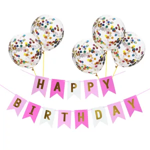 Guirlande Happy Birthday rose et blanche avec 5 ballons à confettis scintillants pour fête