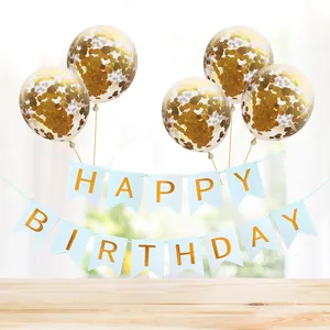 Light blue Happy Birthday banner with gold letters and gold sequin confetti balloons set