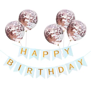 Guirlande bleu clair Happy Birthday avec ballons à confettis pailletés rose doré