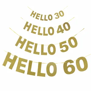Χρυσά πανό γενεθλίων HELLO 30-60 με γκλίτερ για κομψή διακόσμηση πάρτι σε τοίχο