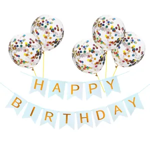 Banderole bleu Happy Birthday avec lettres dorées et ballons à confettis pour décoration