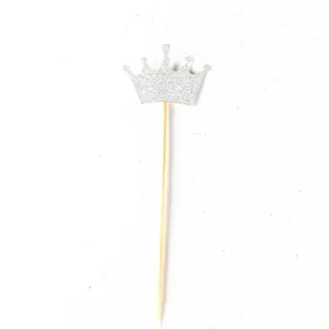 Décorations de gâteau couronne pailletée argent avec bâtonnets en bois pour fête