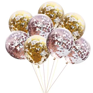 Lot de ballons en latex transparents avec confettis dorés et chiffres d'anniversaire 30 à 80