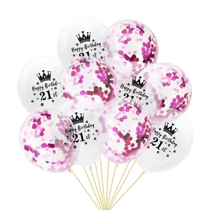 21st Happy Birthday balloon set with crown prints and purple confetti filling
