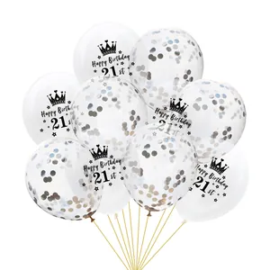 21st Birthday clear balloons with silver confetti and Happy Birthday crown design
