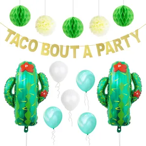 Detailed set of cactus party balloons, glitter banners, and honeycomb paper balls for fiestas