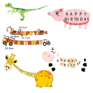 Banderoles d'anniversaire animaux mignons avec motifs dinosaure girafe cochon et vache