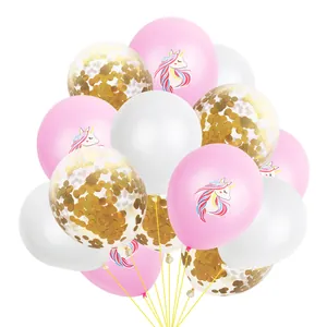 Unicorn party balloons set with rose gold confetti and pink unicorn print latex balloons