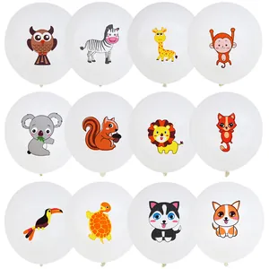 Set van 12 witte latex ballonnen met diverse cartoon dierenprints voor feestdecoratie