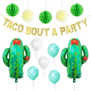 Taco Bout A Party set with cactus foil balloons and gold glitter banner decorations