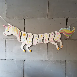 Cartoon Unicorn Happy Birthday Banner Rainbow Pastel Paper Bunting For Kids Birthday Party Decoration Hanging Garland