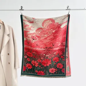 Femmes Vintage Peinture à l'Huile Fleurs Écharpe Toucher Cachemire Jacquard Châle Avec Glands Chaud Long pour Bureau Maison