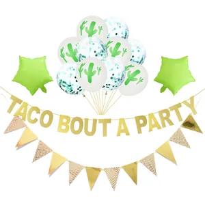 Cactus balloon set with golden TACO BOUT A PARTY banner for fiesta themed birthday party