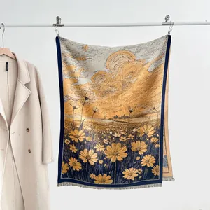 Écharpe épaisse style peinture à l'huile avec marguerites jaunes et détails de franges