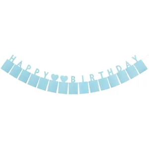 Detail of light blue Happy Birthday photo banner with 13 cardstock frames and heart motifs
