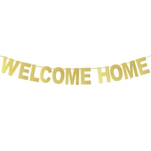 Glittery gold Welcome Home banner sign for celebration and home party decoration