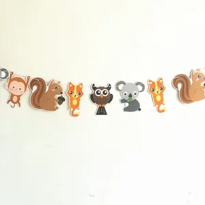 Detailed view of cartoon forest animal paper banners for kids birthday party decoration