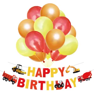 Construction excavator theme birthday party set with balloons and happy birthday banner