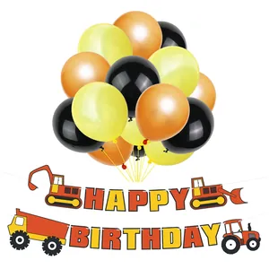 Construction themed happy birthday party decoration set with balloons and excavator banners
