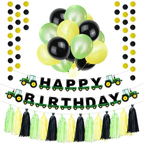 Detailed farm tractor birthday party set with balloons, banners, and paper tassels