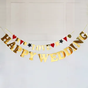 Golden Happy Wedding and Love foil banner with red hearts for festive party wall decor