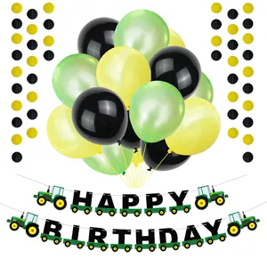 Detailed tractor birthday banner with green glitter dots and themed party balloons