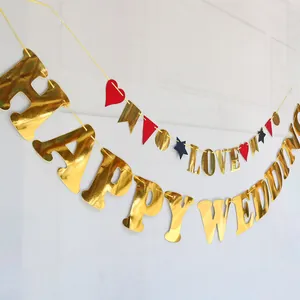 Gold Mirror Cardstock Wedding Banner Love Heart Letter Garland For Marriage Proposal Party Background Wall Decoration